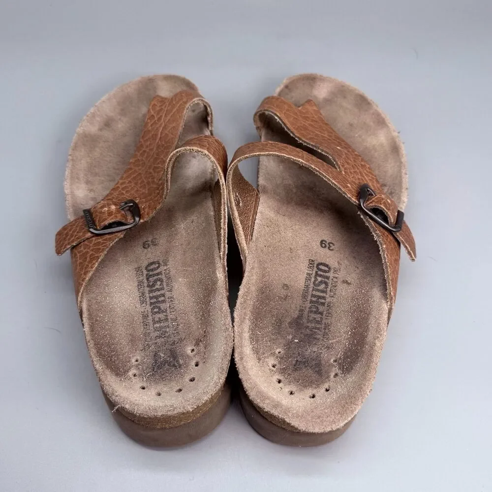 Mephisto Helen Women's 7 Brown Leather Adjustable Buckle Thong Toe Sandals Shoes